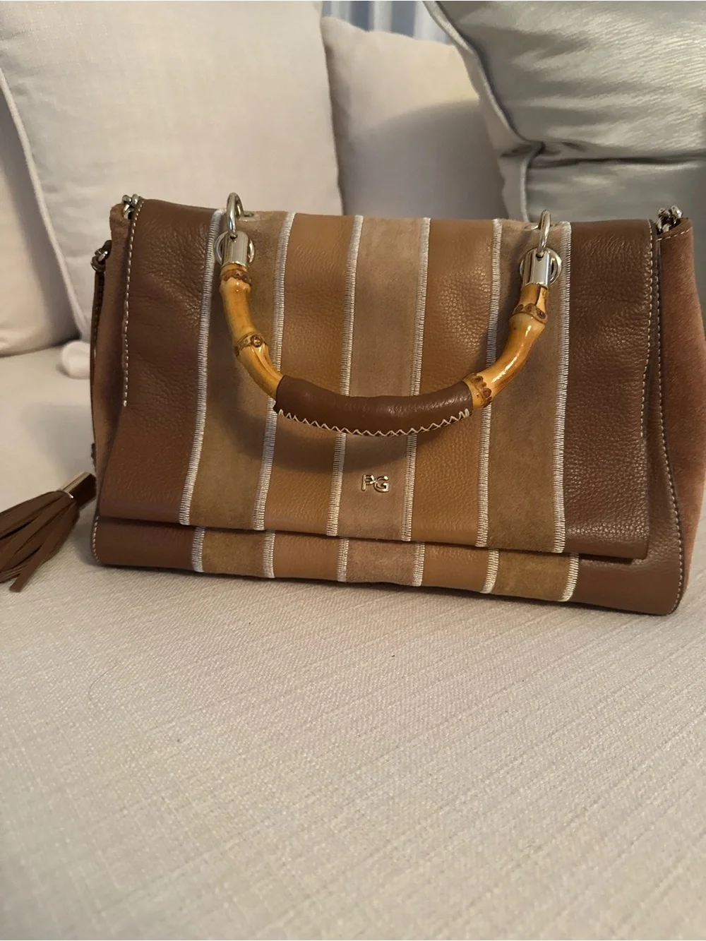 PURIFICACION GARCIA Leather Top-Handle Shoulder Bag in Brown and Tan